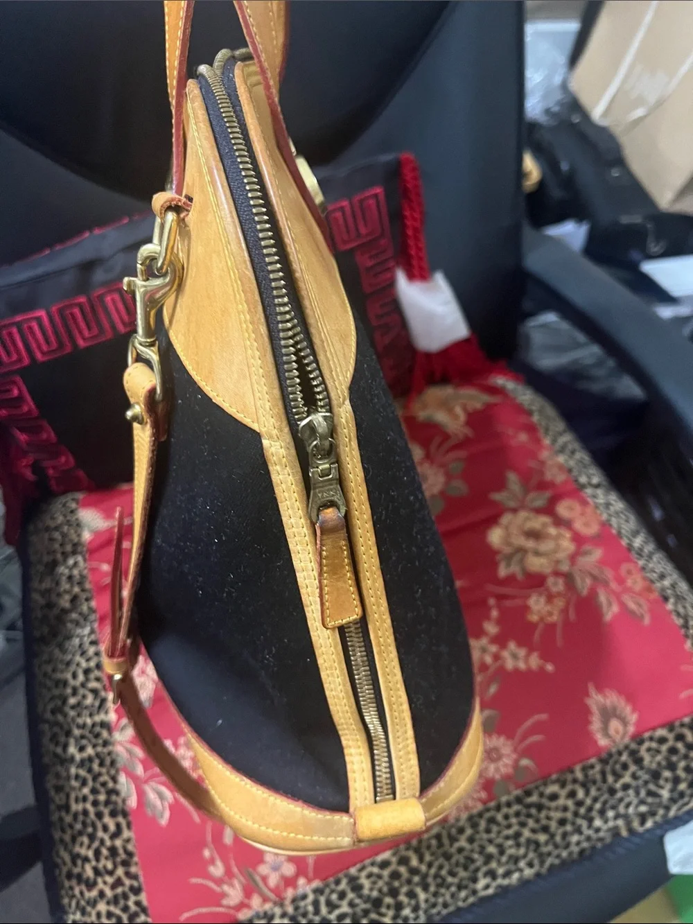 Dooney & Bourke Black and Tan Satchel with Gold Hardware